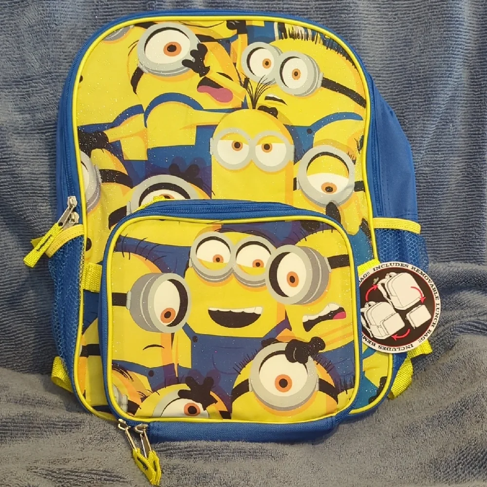 Minions Themed, Glittery Book Bag w/Attachable Lunch Bag, New